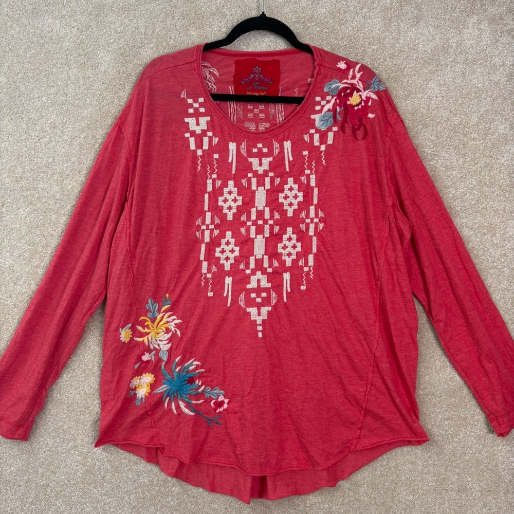 JOHNNY WAS Embroidered Top Womens XL Pink Long Sleeve Boho Floral